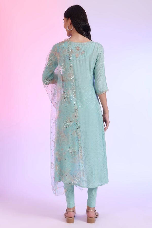 Green Embroidered Asymmetrical Kurta with Leggings & Dupatta Set