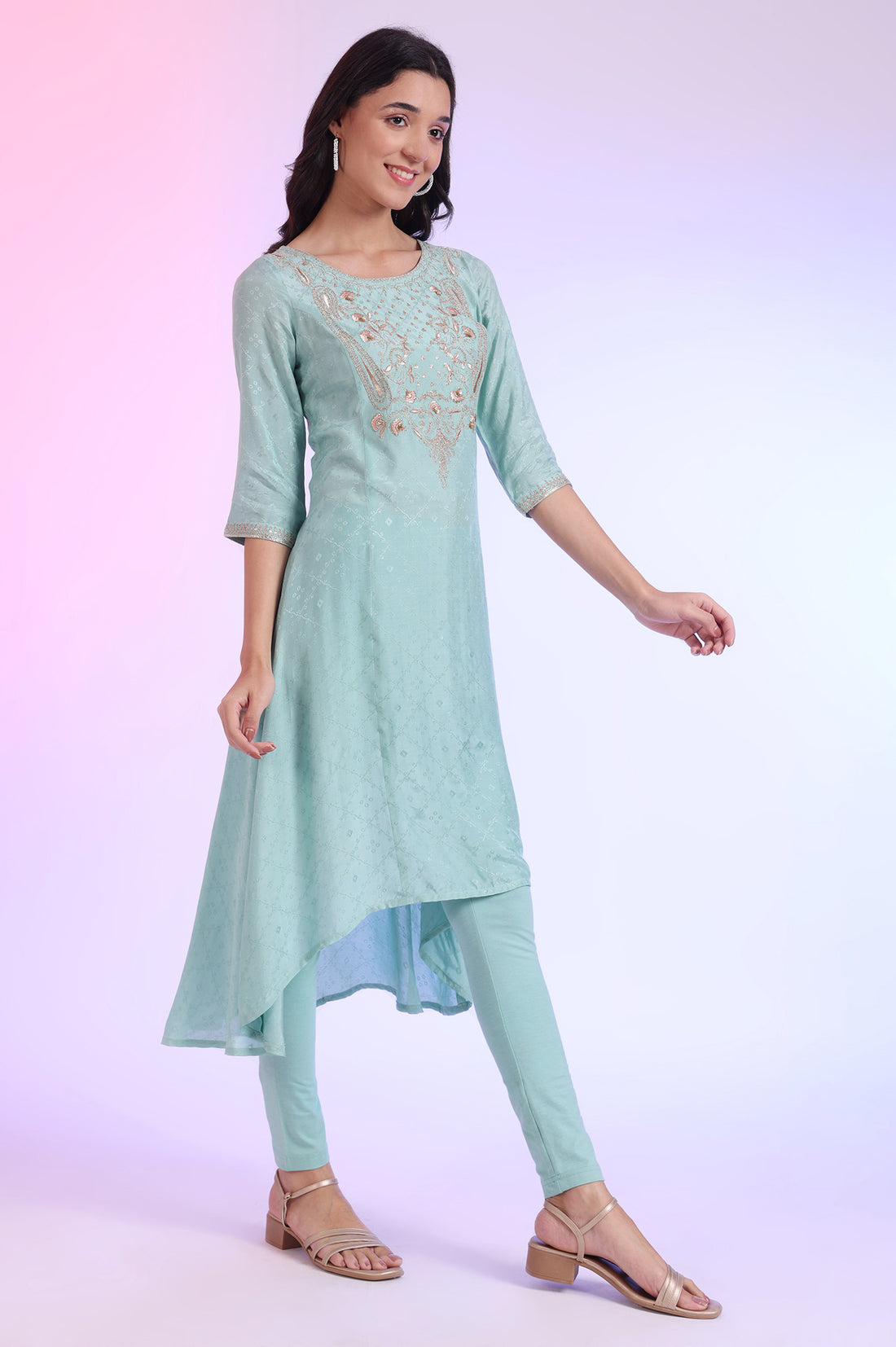 Green Embroidered Asymmetrical Kurta with Leggings &amp; Dupatta Set
