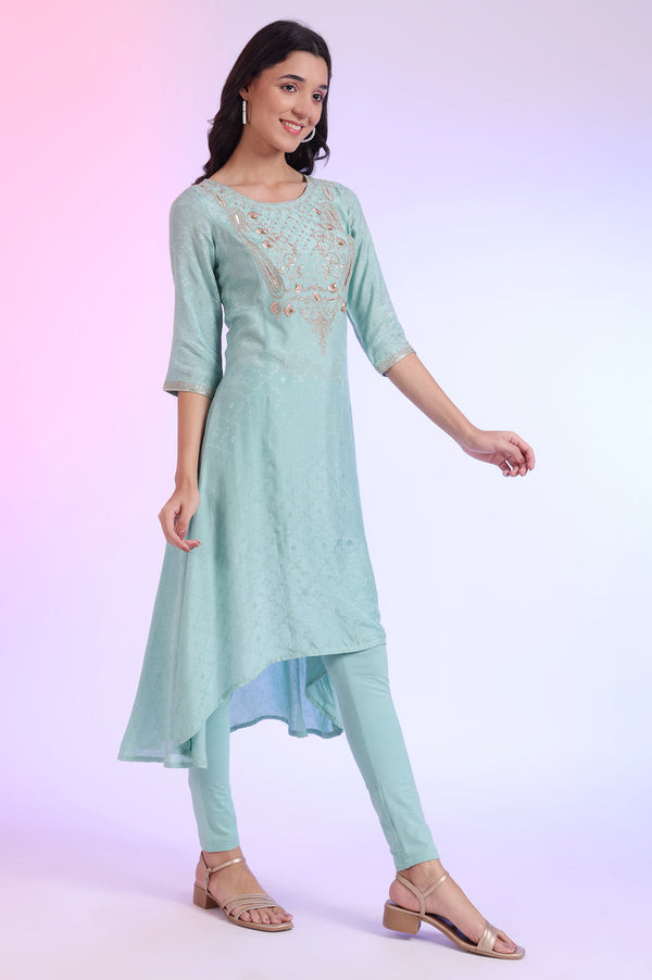 Green Embroidered Asymmetrical Kurta with Leggings & Dupatta Set