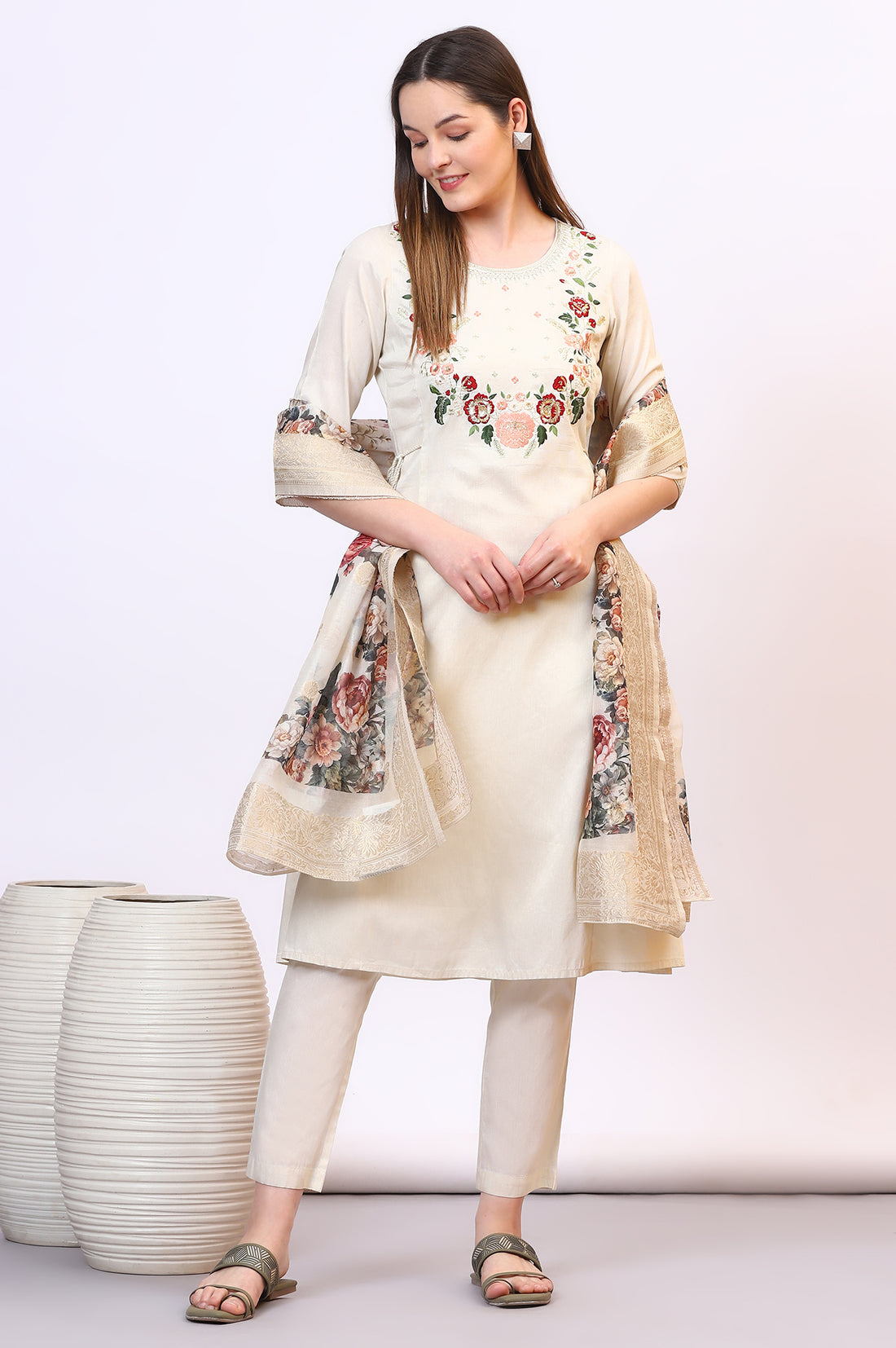 Off-White Zari Weaving Yoke A-line Kurta, Palazzo and Dupatta Set