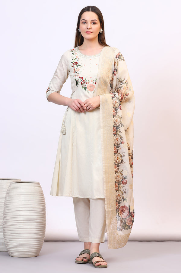 Off-White Zari Weaving Yoke A-line Kurta, Palazzo and Dupatta Set