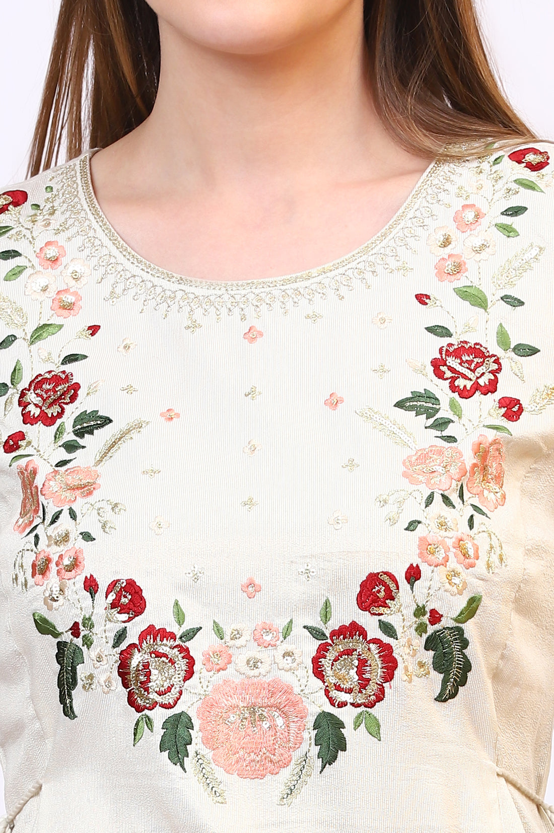 Off-White Zari Weaving Yoke A-line Kurta, Palazzo and Dupatta Set