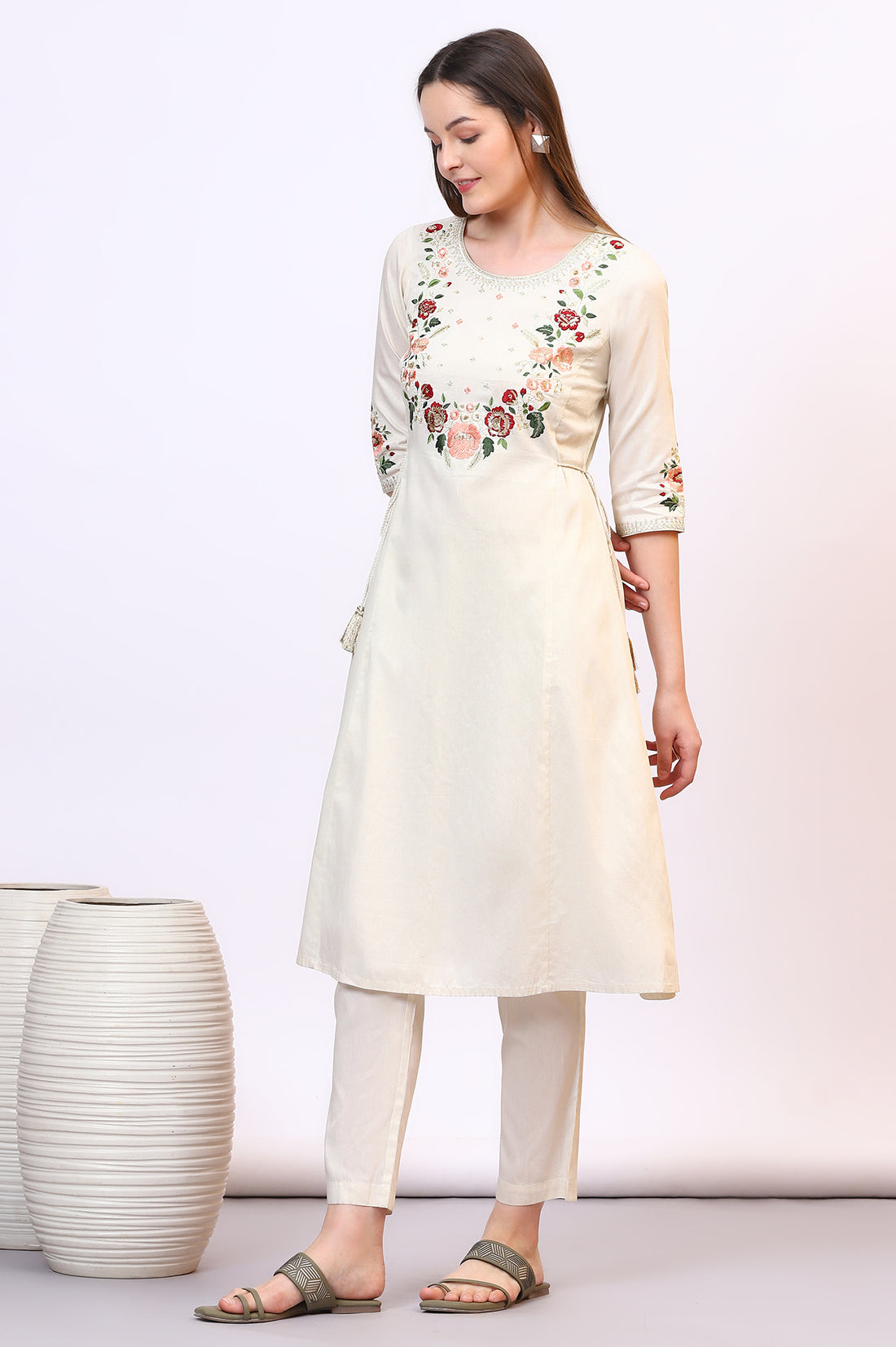 Off-White Zari Weaving Yoke A-line Kurta, Palazzo and Dupatta Set