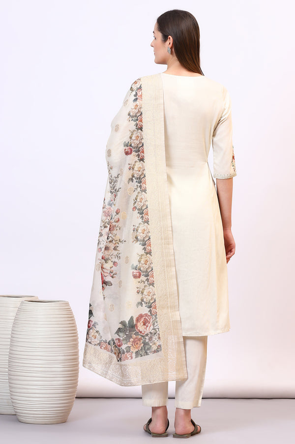 Off-White Zari Weaving Yoke A-line Kurta, Palazzo and Dupatta Set