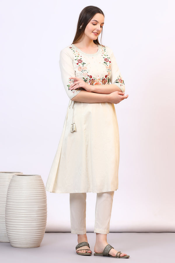 Off-White Zari Weaving Yoke A-line Kurta, Palazzo and Dupatta Set