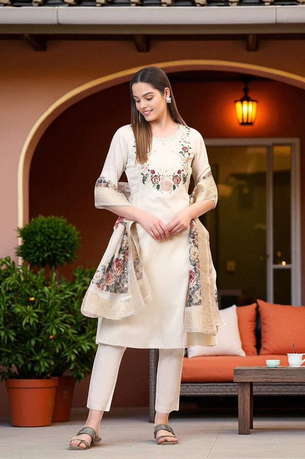 Off-White Zari Weaving Yoke A-line Kurta, Palazzo and Dupatta Set