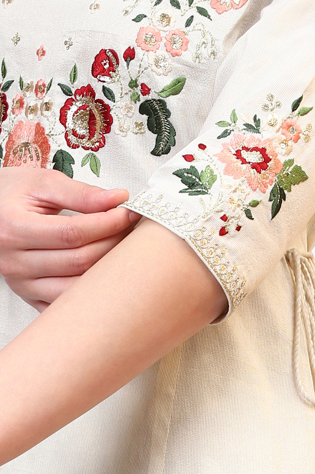 Off-White Zari Weaving Yoke A-line Kurta, Palazzo and Dupatta Set