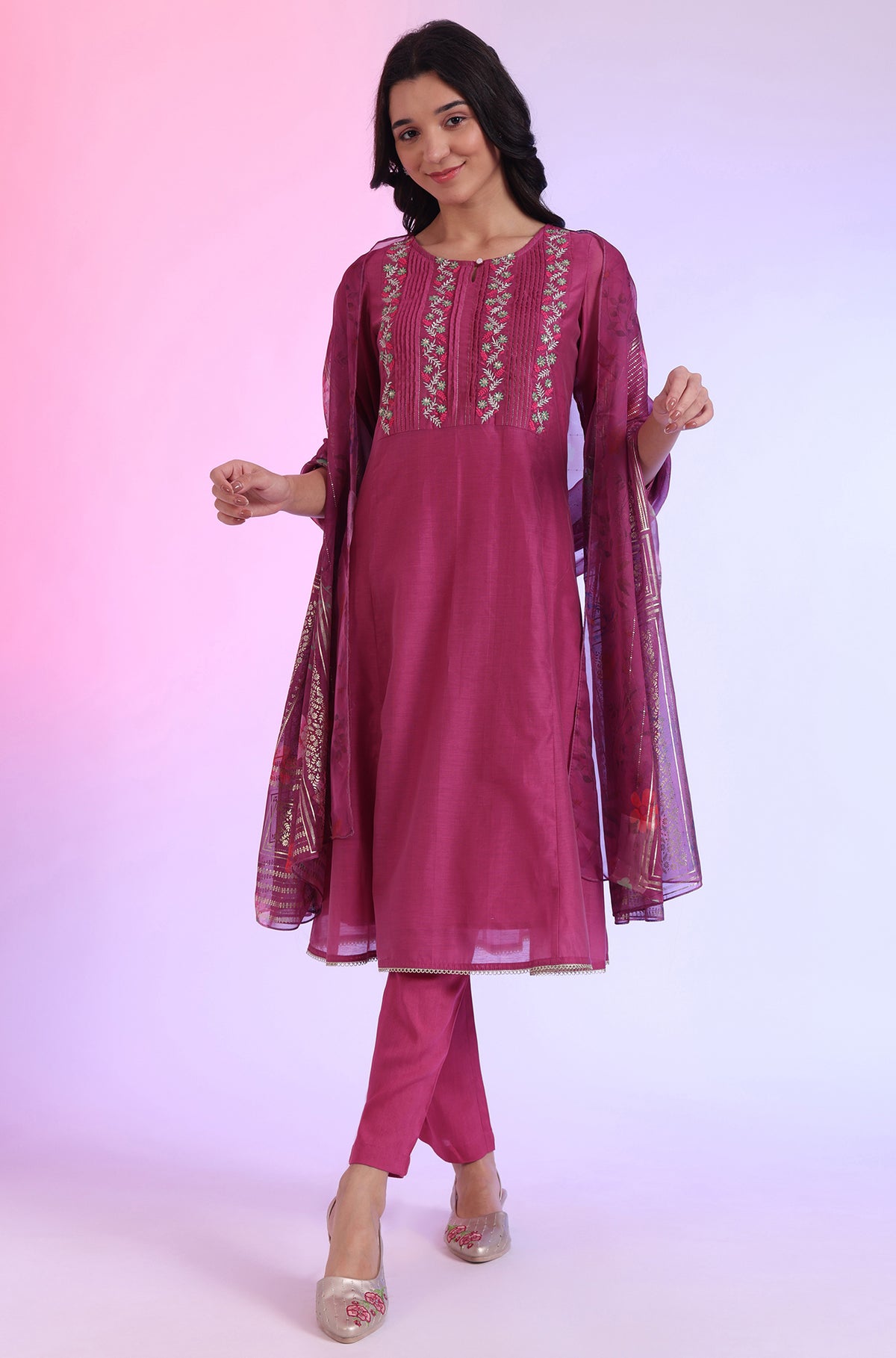 Pink Embroidered Cotton Blend Flared Kurta, Pants and Dupatta Set - XS