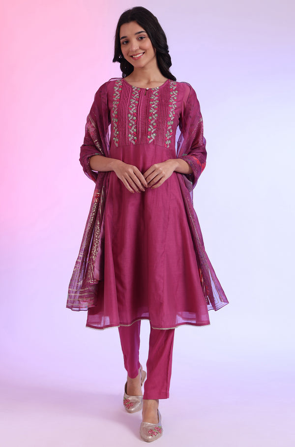 Pink Embroidered Cotton Blend Flared Kurta, Pants and Dupatta Set
