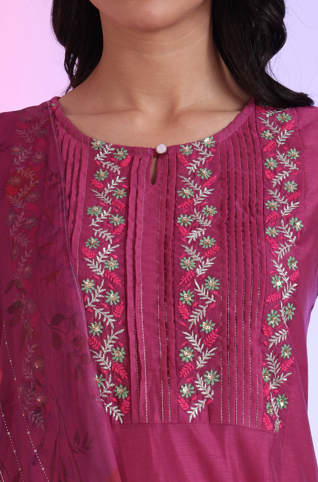 Pink Embroidered Cotton Blend Flared Kurta, Pants and Dupatta Set