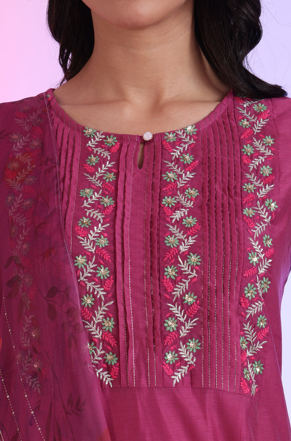 Pink Embroidered Cotton Blend Flared Kurta, Pants and Dupatta Set