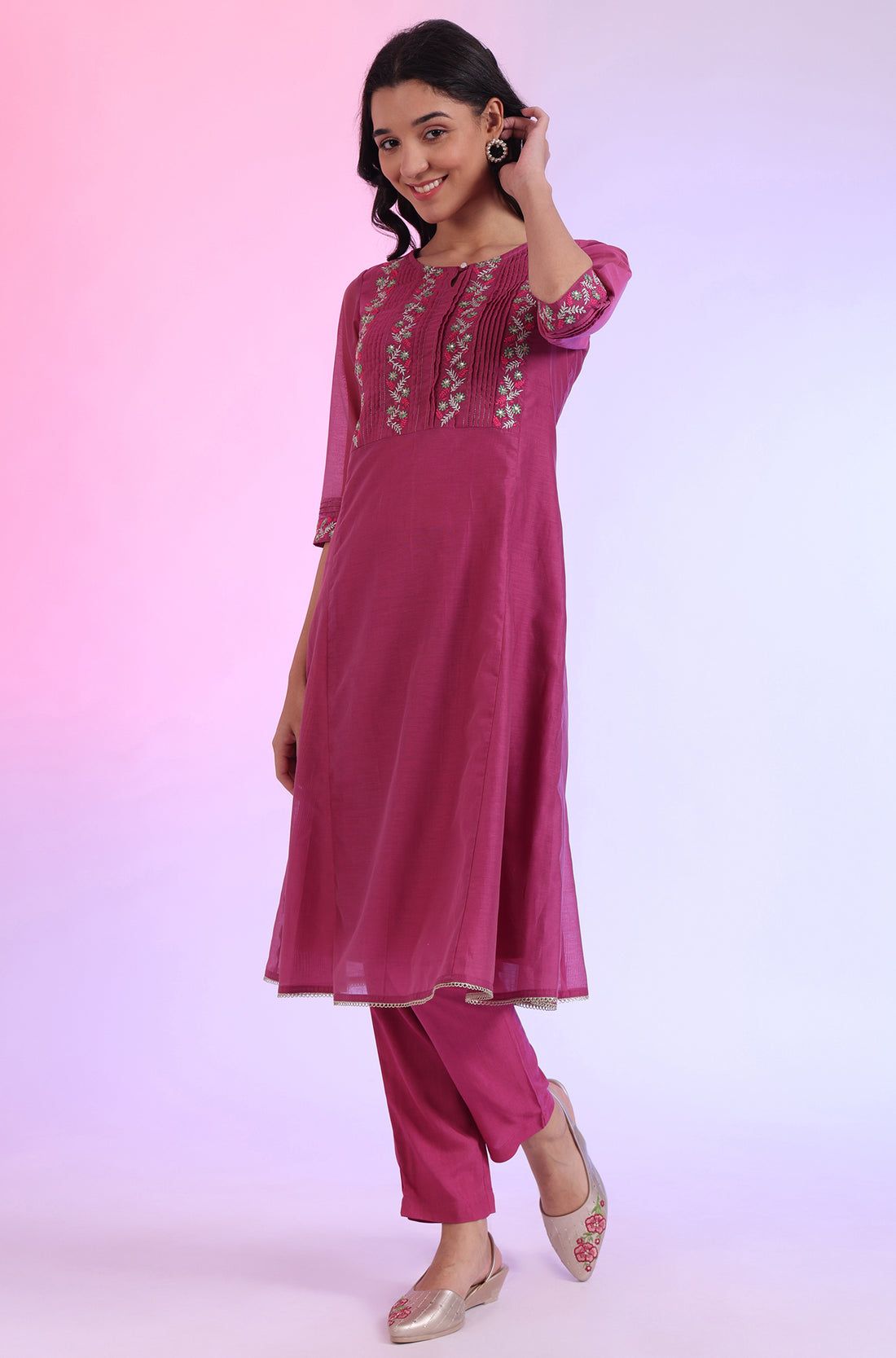Pink Embroidered Cotton Blend Flared Kurta, Pants and Dupatta Set