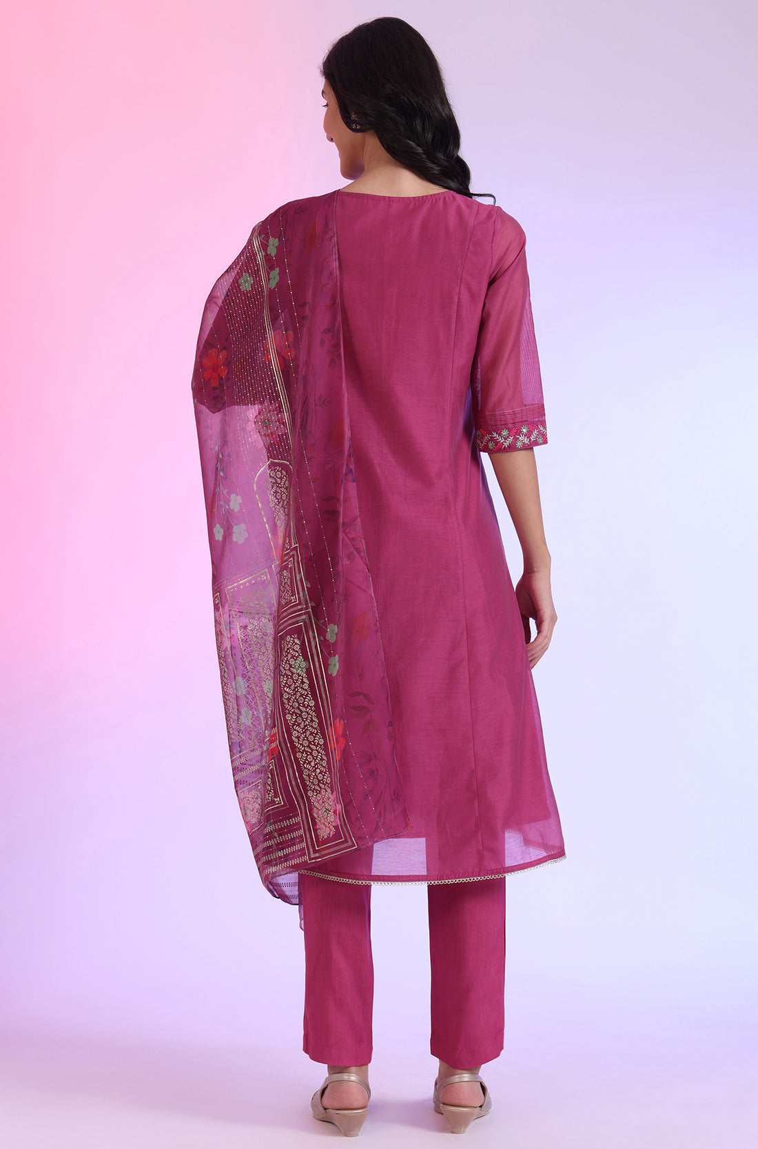 Pink Embroidered Cotton Blend Flared Kurta, Pants and Dupatta Set