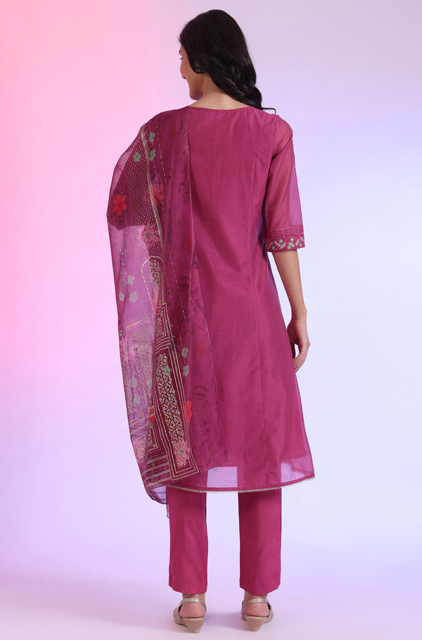 Pink Embroidered Cotton Blend Flared Kurta, Pants and Dupatta Set