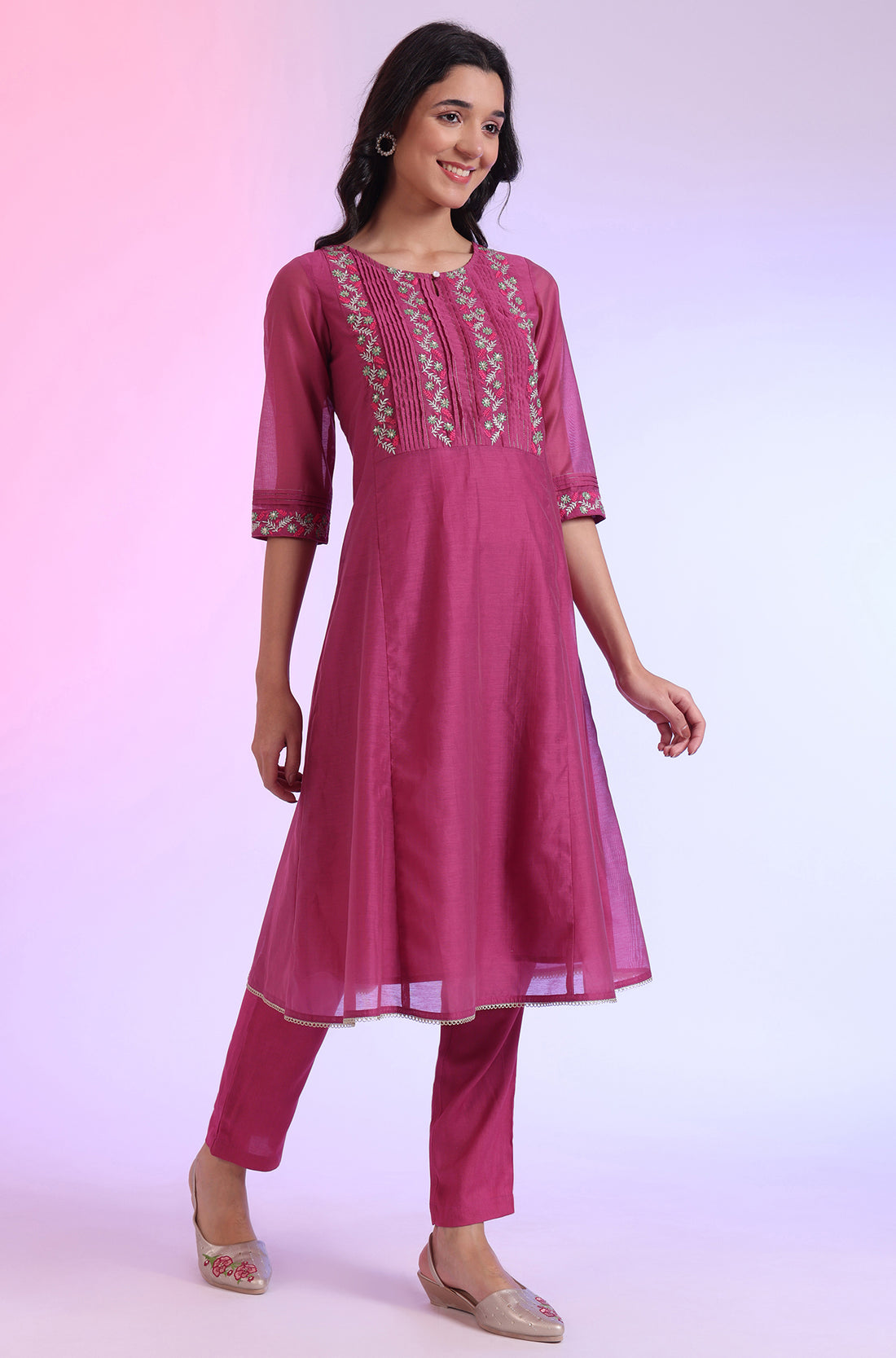 Pink Embroidered Cotton Blend Flared Kurta, Pants and Dupatta Set