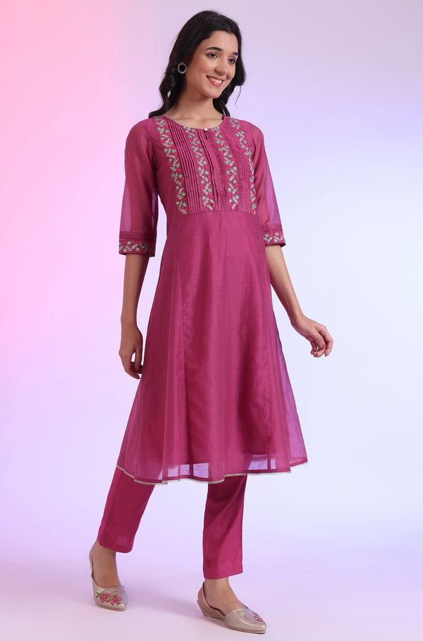 Pink Embroidered Cotton Blend Flared Kurta, Pants and Dupatta Set