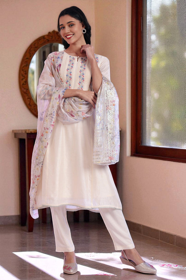 Off White Yarn Dyed Cotton Blend Flarred Kurta with Trousers & Dupatta Set