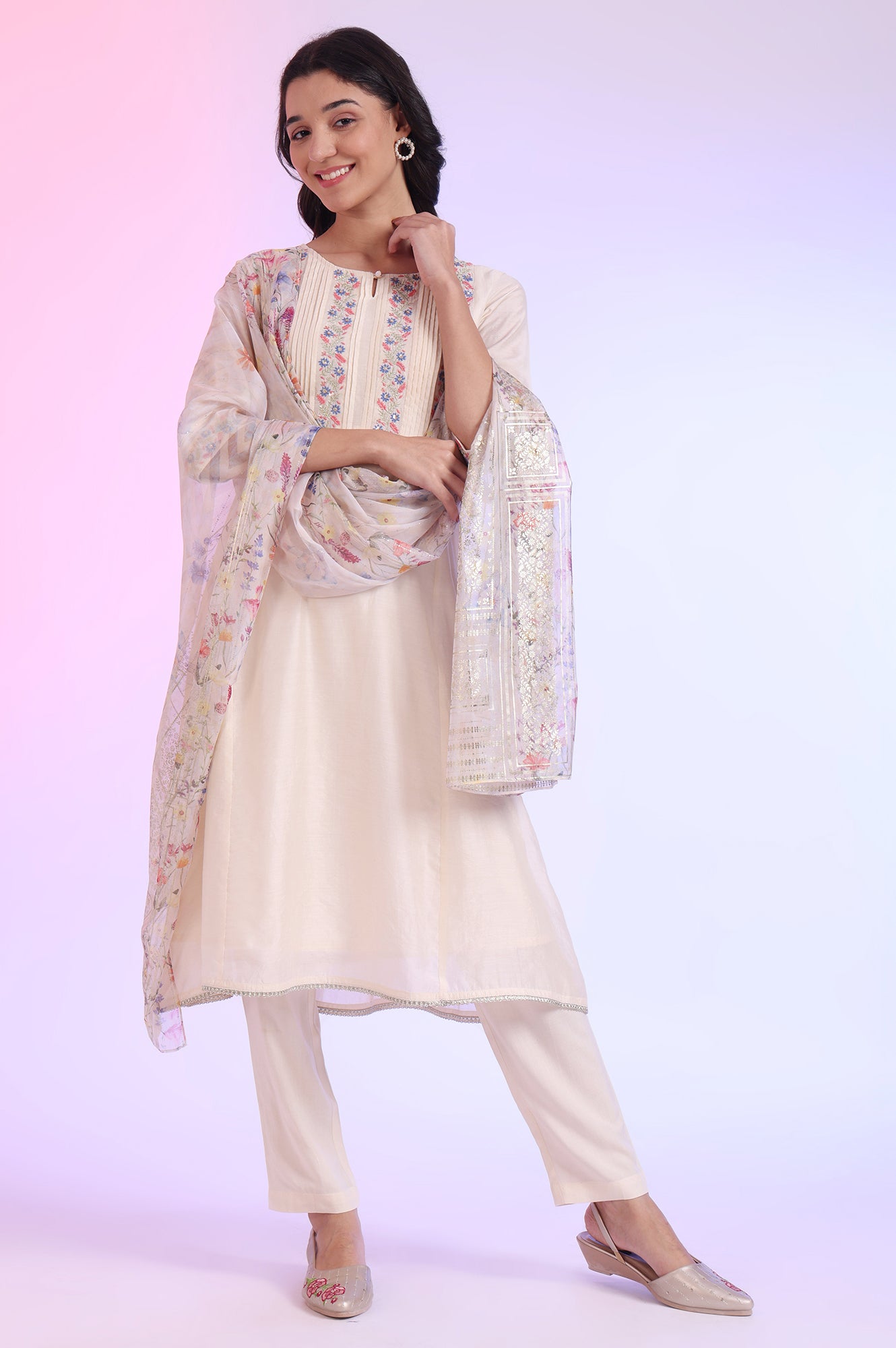 Off White Yarn Dyed Cotton Blend Flarred Kurta with Trousers &amp; Dupatta Set