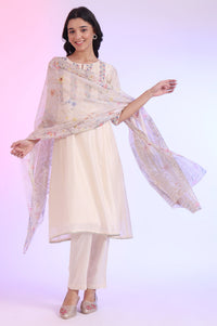 Off White Yarn Dyed Cotton Blend Flarred Kurta with Trousers &amp; Dupatta Set
