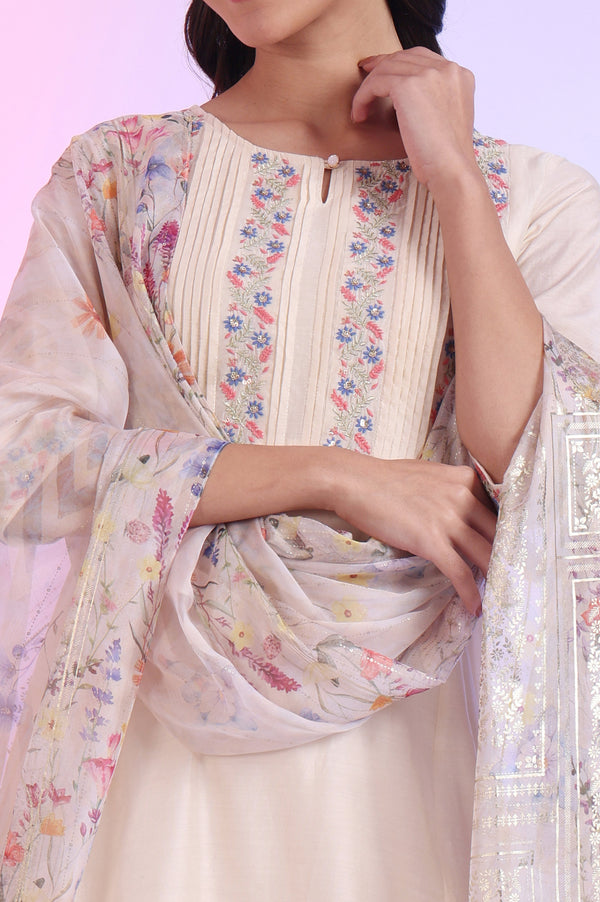 Off White Yarn Dyed Cotton Blend Flarred Kurta with Trousers & Dupatta Set