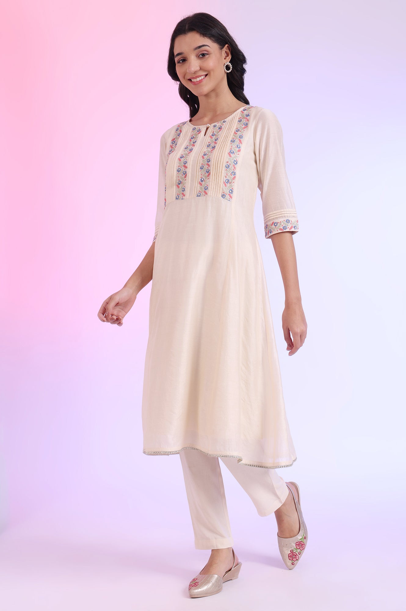 Off White Yarn Dyed Cotton Blend Flarred Kurta with Trousers &amp; Dupatta Set