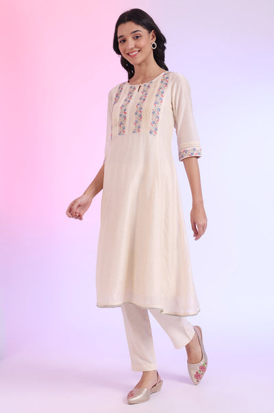 Off White Yarn Dyed Cotton Blend Flarred Kurta with Trousers & Dupatta Set