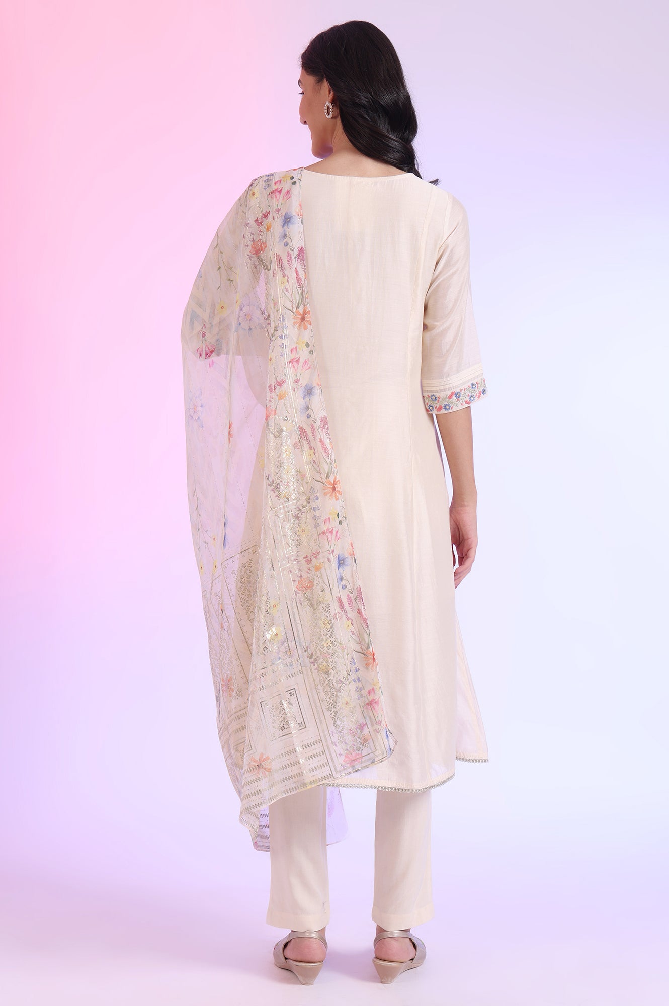 Off White Yarn Dyed Cotton Blend Flarred Kurta with Trousers &amp; Dupatta Set