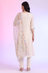 Off White Yarn Dyed Cotton Blend Flarred Kurta with Trousers &amp; Dupatta Set