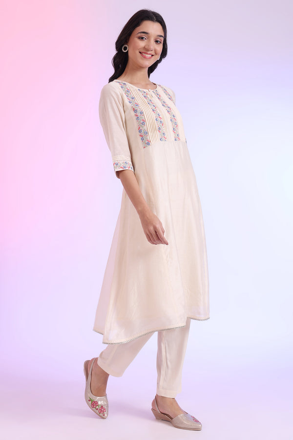 Off White Yarn Dyed Cotton Blend Flarred Kurta with Trousers & Dupatta Set