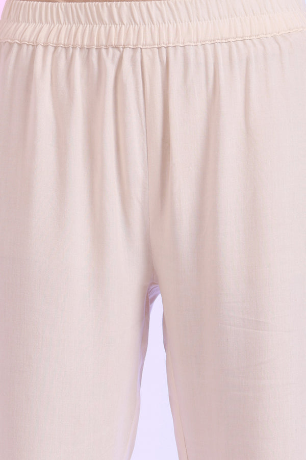 Off White Yarn Dyed Cotton Blend Flarred Kurta with Trousers & Dupatta Set