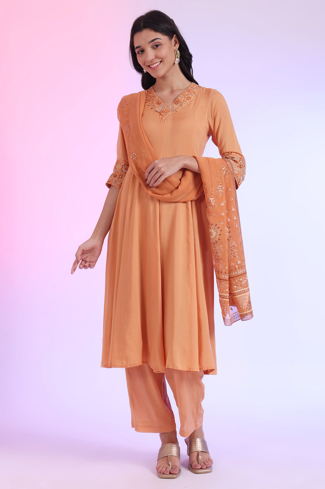 Orange Embroidered Anarkali with Palazzos &amp; Dupatta Set