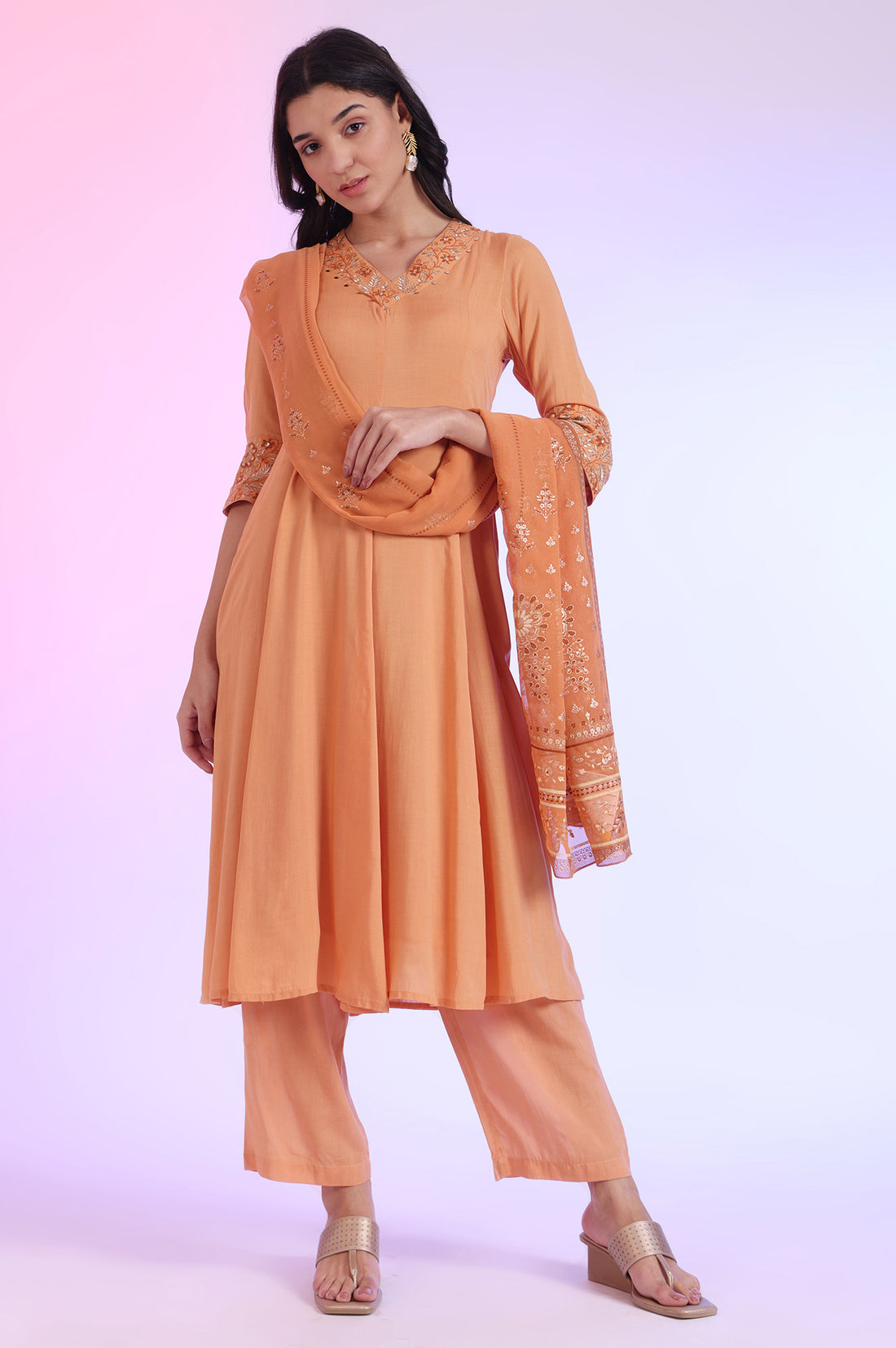 Orange Embroidered Anarkali with Palazzos &amp; Dupatta Set