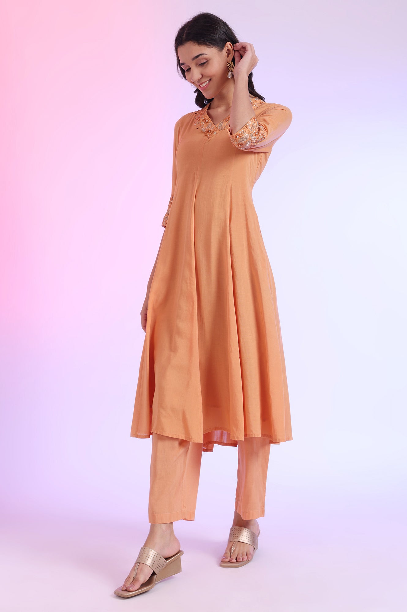 Orange Embroidered Anarkali with Palazzos &amp; Dupatta Set