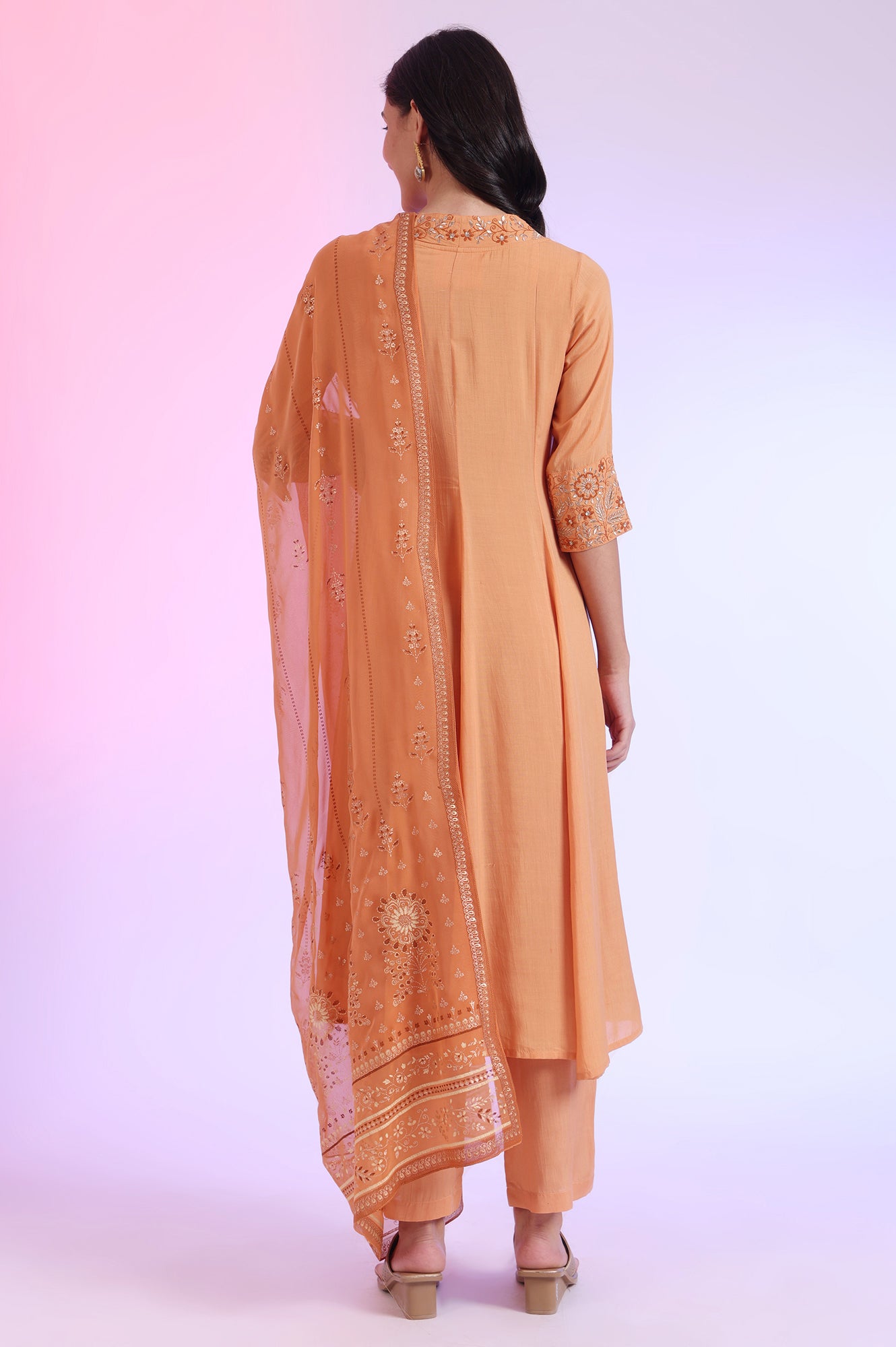 Orange Embroidered Anarkali with Palazzos &amp; Dupatta Set