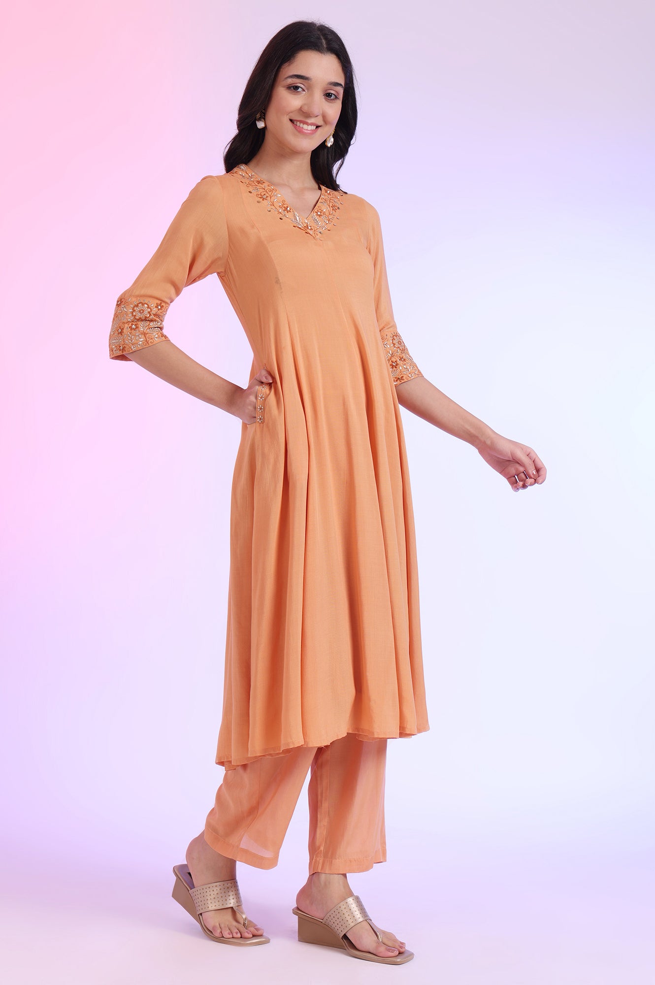 Orange Embroidered Anarkali with Palazzos &amp; Dupatta Set