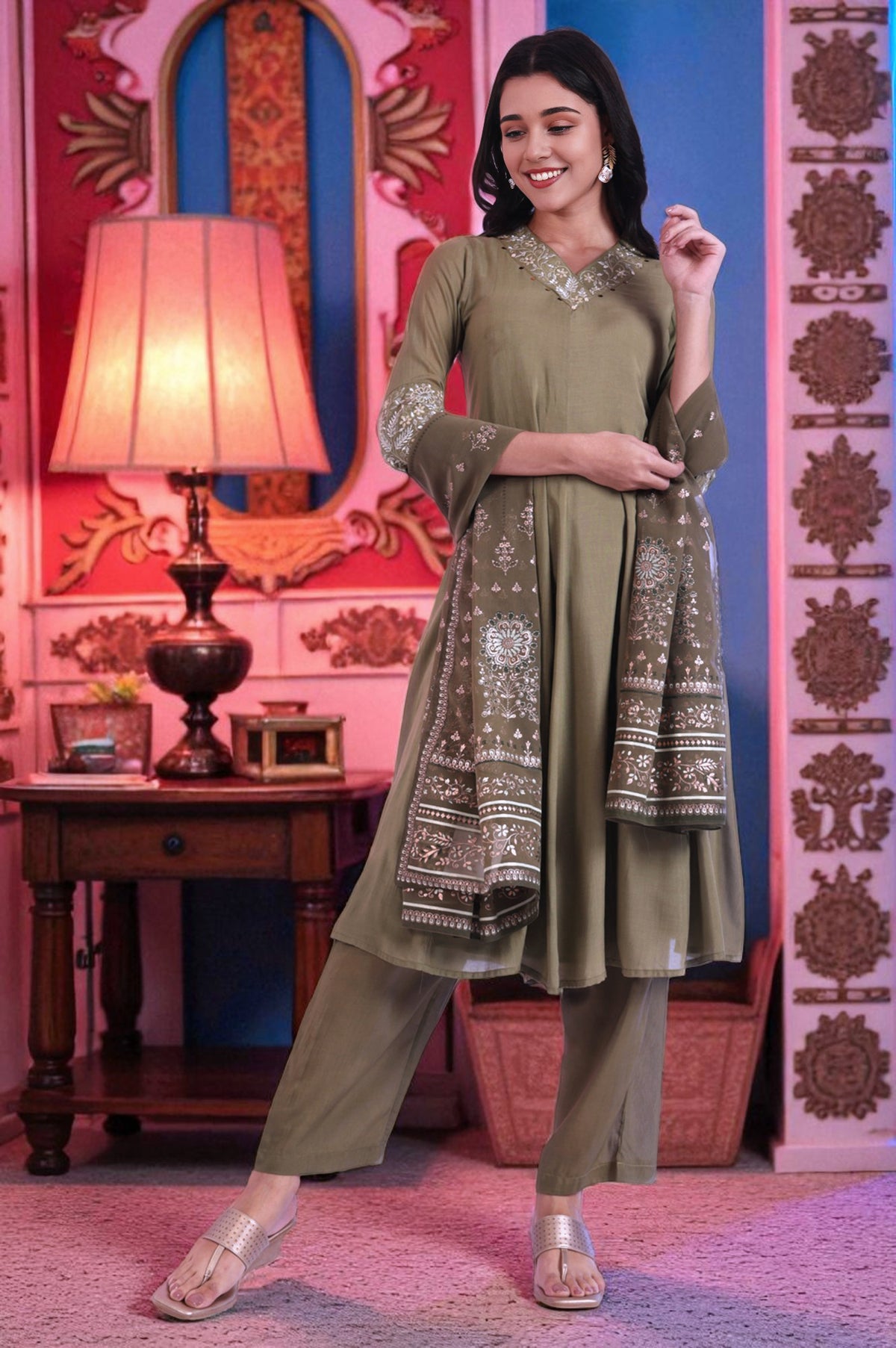 Green Embroidered Anarkali with Palazzos & Dupatta Set - S
