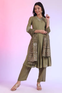 Green Embroidered Anarkali with Palazzos &amp; Dupatta Set