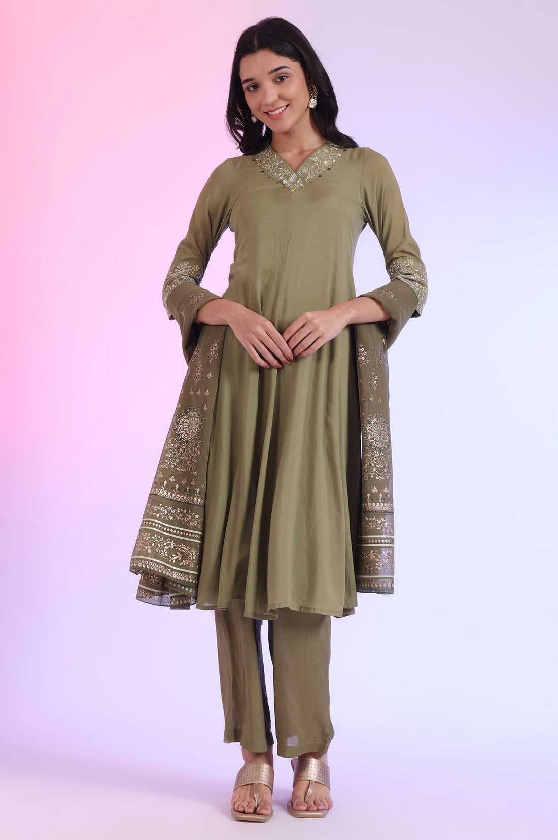 Green Embroidered Anarkali with Palazzos &amp; Dupatta Set