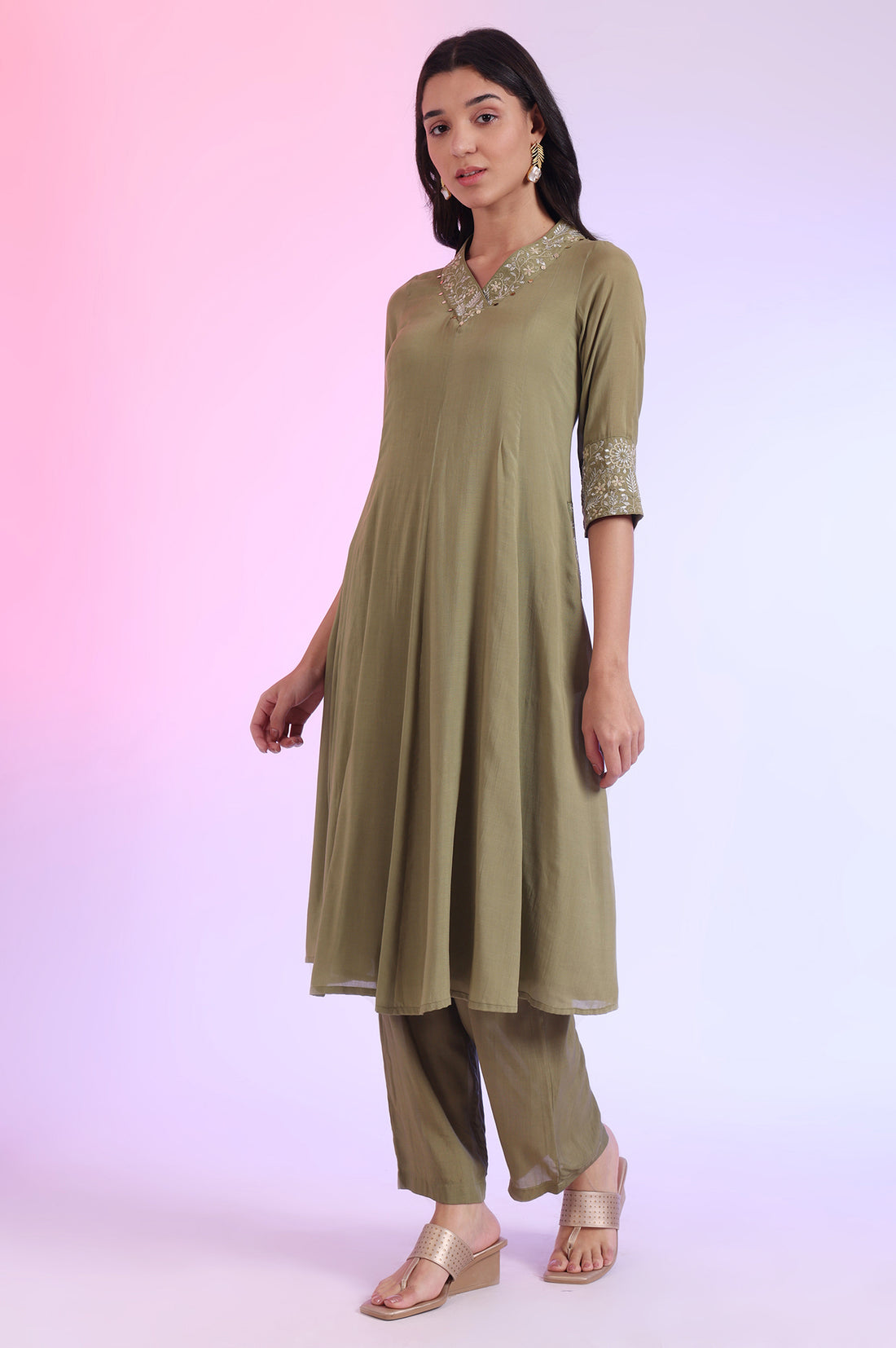 Green Embroidered Anarkali with Palazzos &amp; Dupatta Set