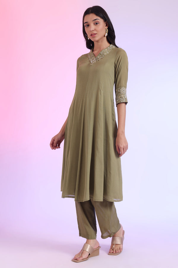 Green Embroidered Anarkali with Palazzos & Dupatta Set