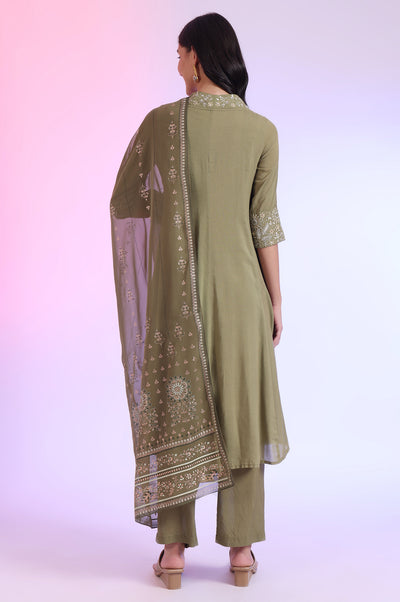 Green Embroidered Anarkali with Palazzos & Dupatta Set