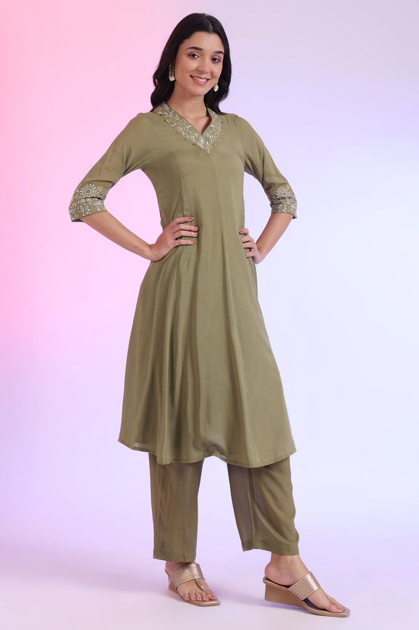 Green Embroidered Anarkali with Palazzos & Dupatta Set