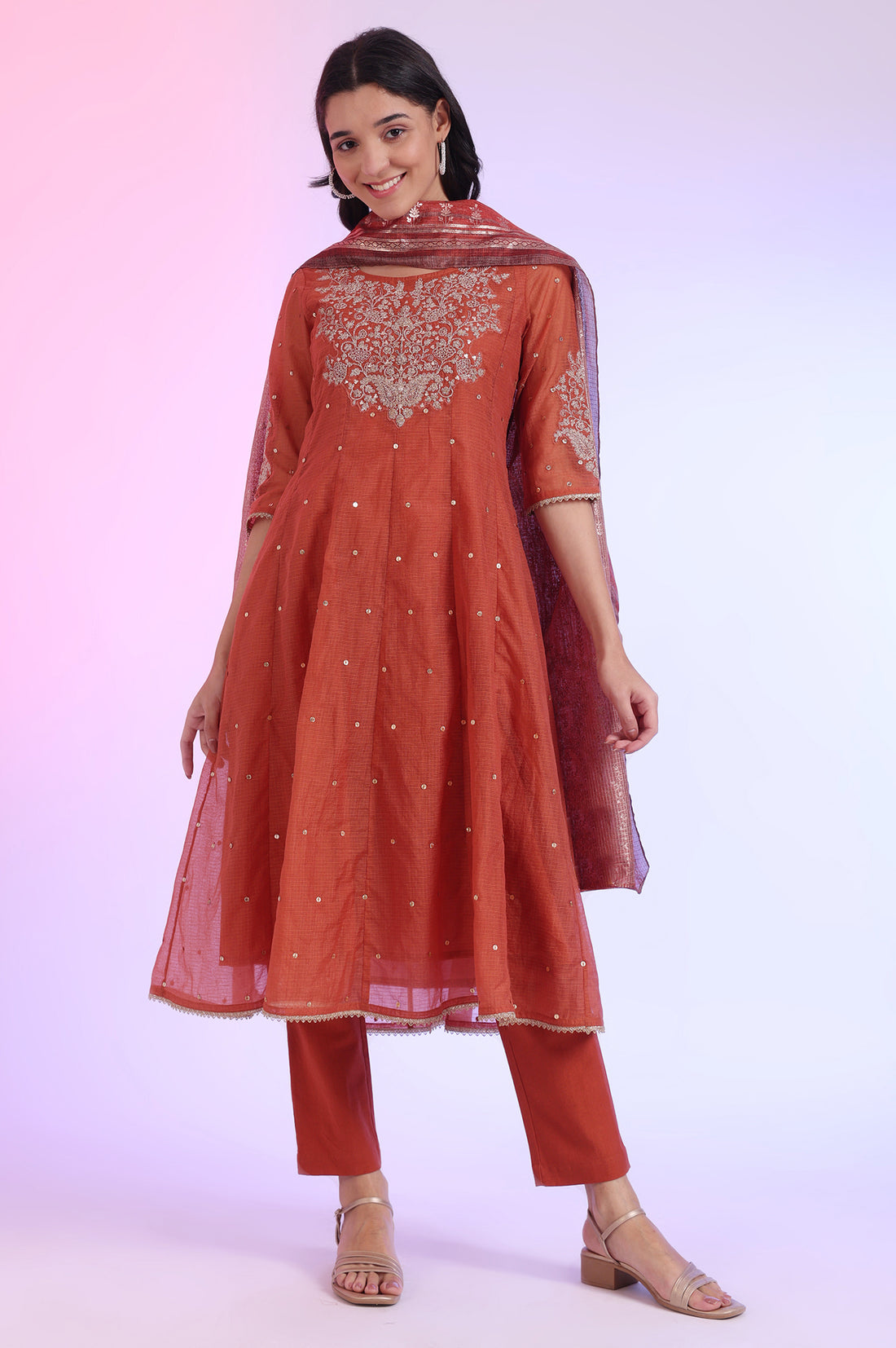Brown Embroidered Anarkali with Trousers &amp; Dupatta Set