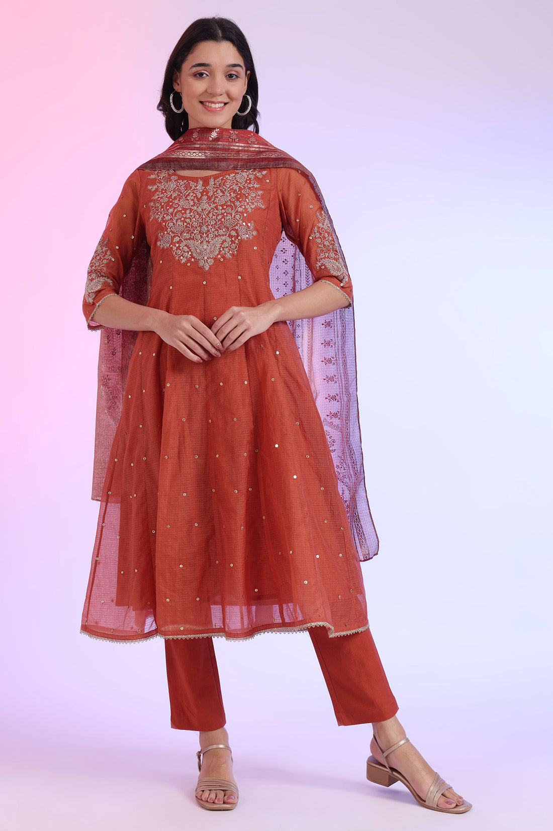 Brown Embroidered Anarkali with Trousers &amp; Dupatta Set