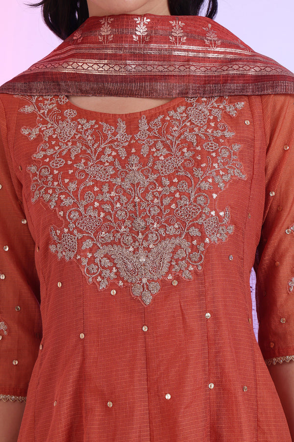 Brown Embroidered Anarkali with Trousers & Dupatta Set