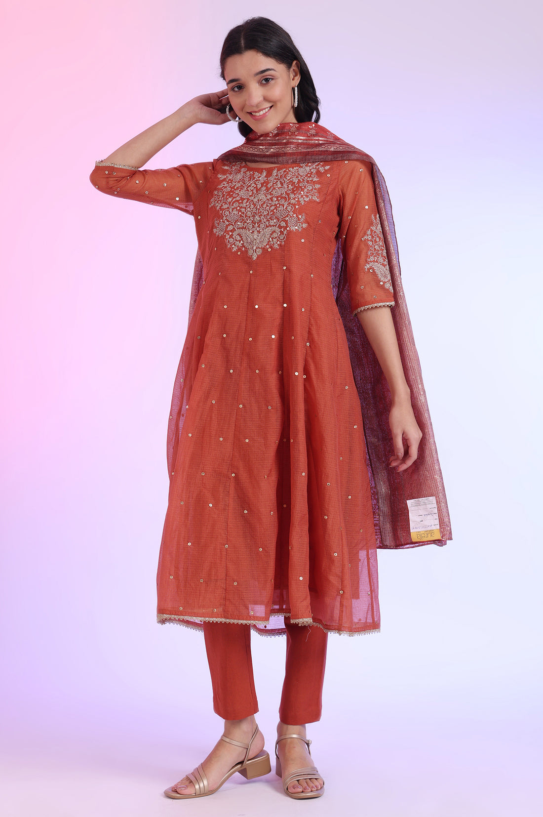 Brown Embroidered Anarkali with Trousers &amp; Dupatta Set