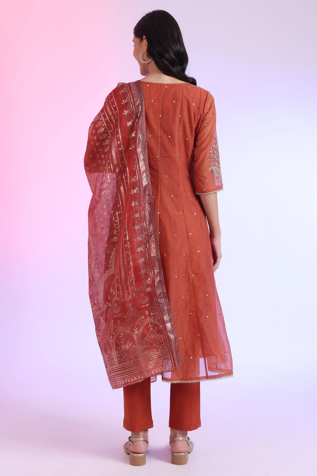 Brown Embroidered Anarkali with Trousers &amp; Dupatta Set