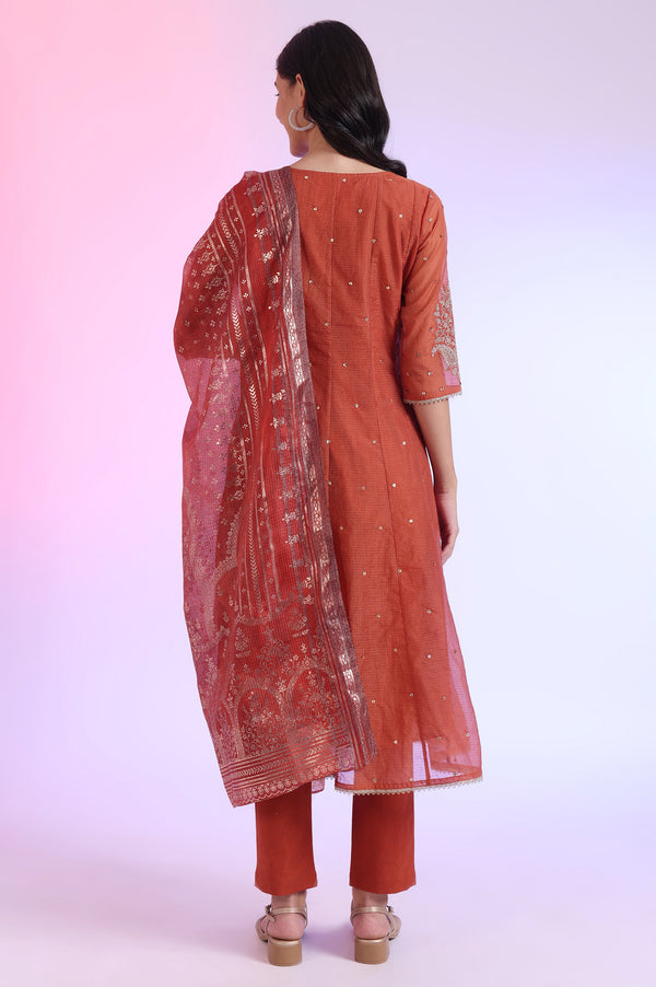 Brown Embroidered Anarkali with Trousers & Dupatta Set