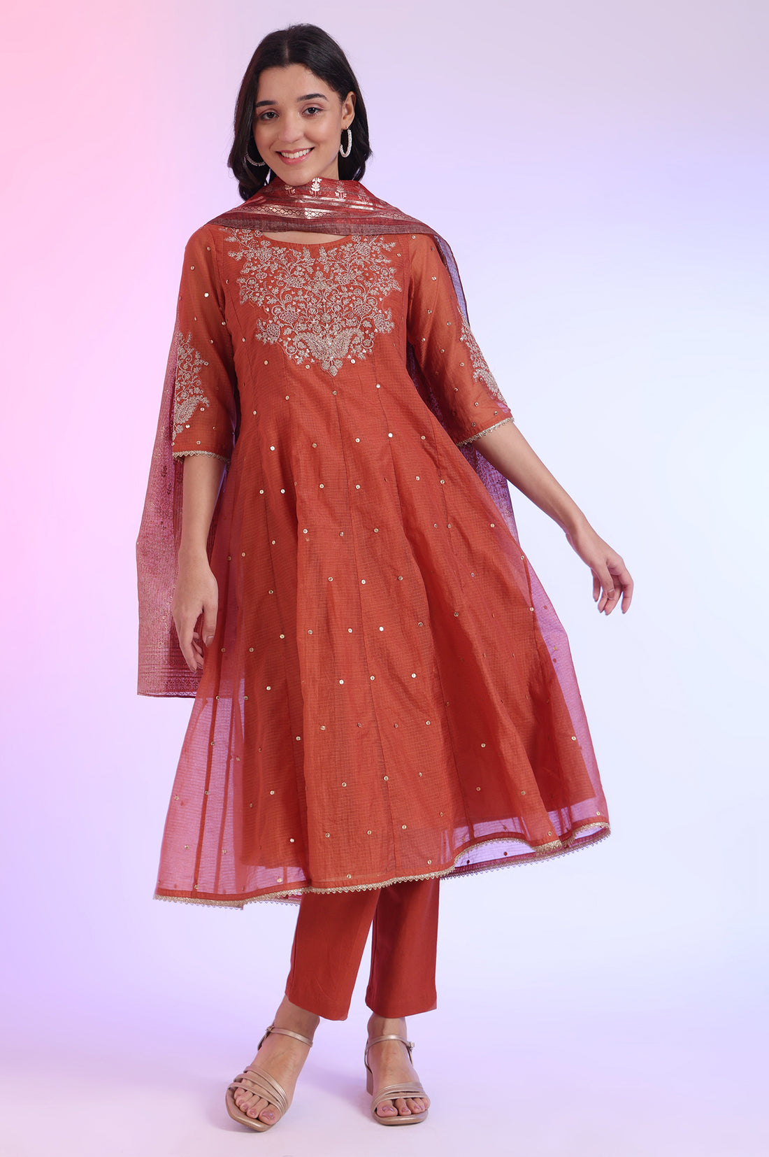 Brown Embroidered Anarkali with Trousers &amp; Dupatta Set