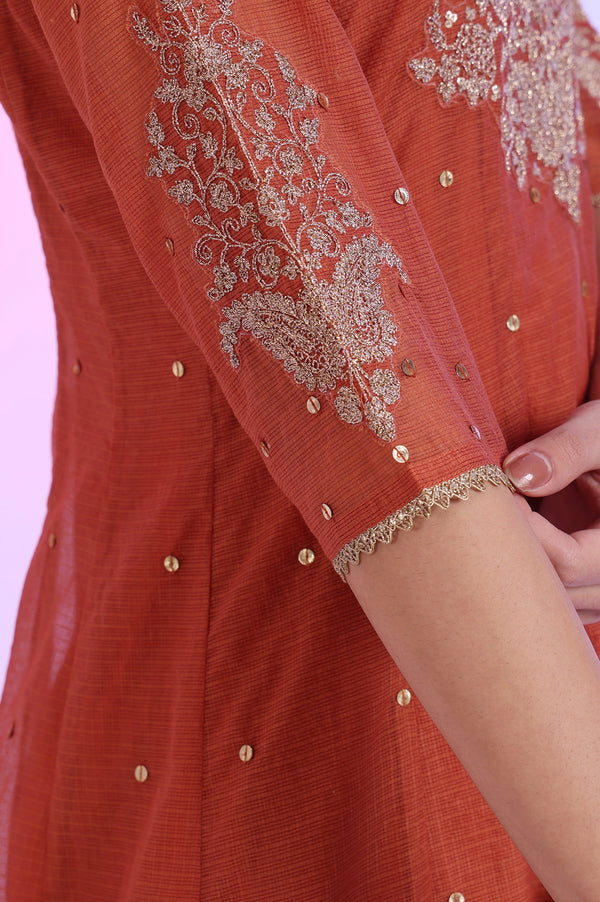 Brown Embroidered Anarkali with Trousers & Dupatta Set